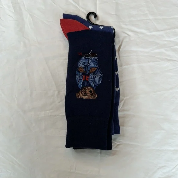 NEW WITH TAGS! Two Pairs, Ralph Lauren Blue and Red Dress Socks with Bear Design - Picture 2 of 5